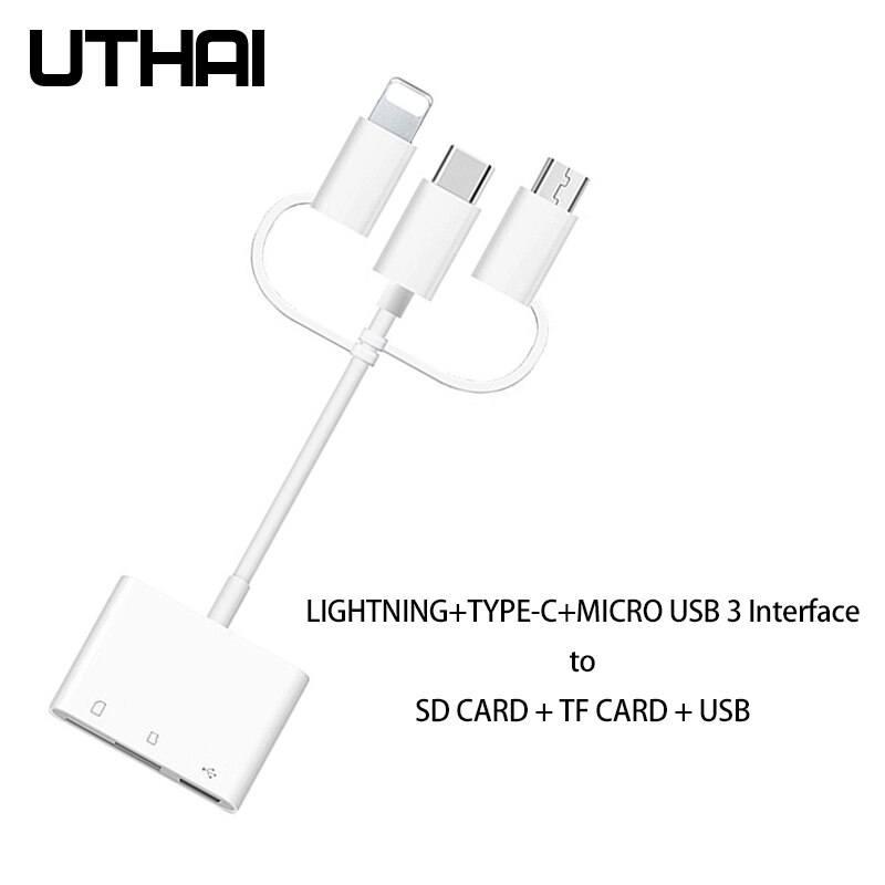 UTHAI C11 Lightning Card Reader SD TF USB C to MicroUSB Multi Card readers 4in1 Type-C Flash Drive For Iphone 7 8 11 X XR MAX: 3interface-3port