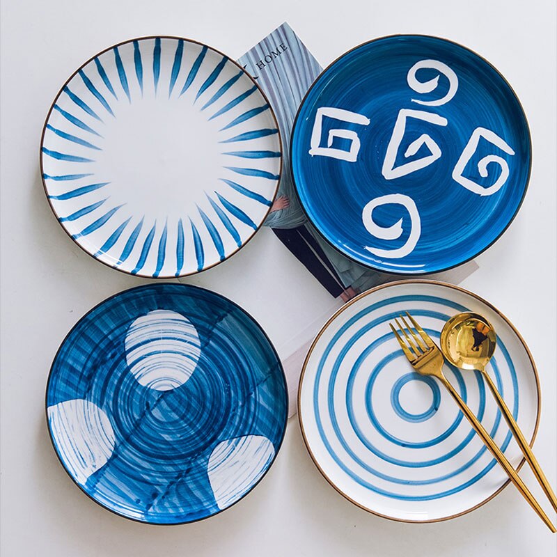 RHE-platos de dibujo a mano de estilo japonés, juego de cerámica, plato redondo para carne, Pizza, utensilios de cocina, vajilla de porcelana para Sushi,