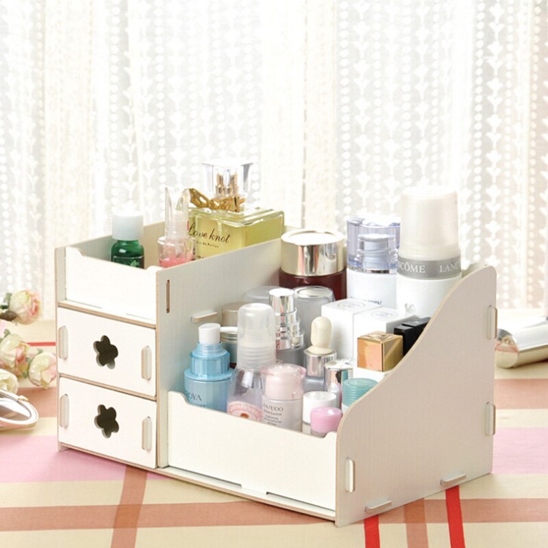 Container Makeup Organizer Case Handmade DIY Assembly Cosmetic Organizer Wood Box Wooden Office Storage Box: white