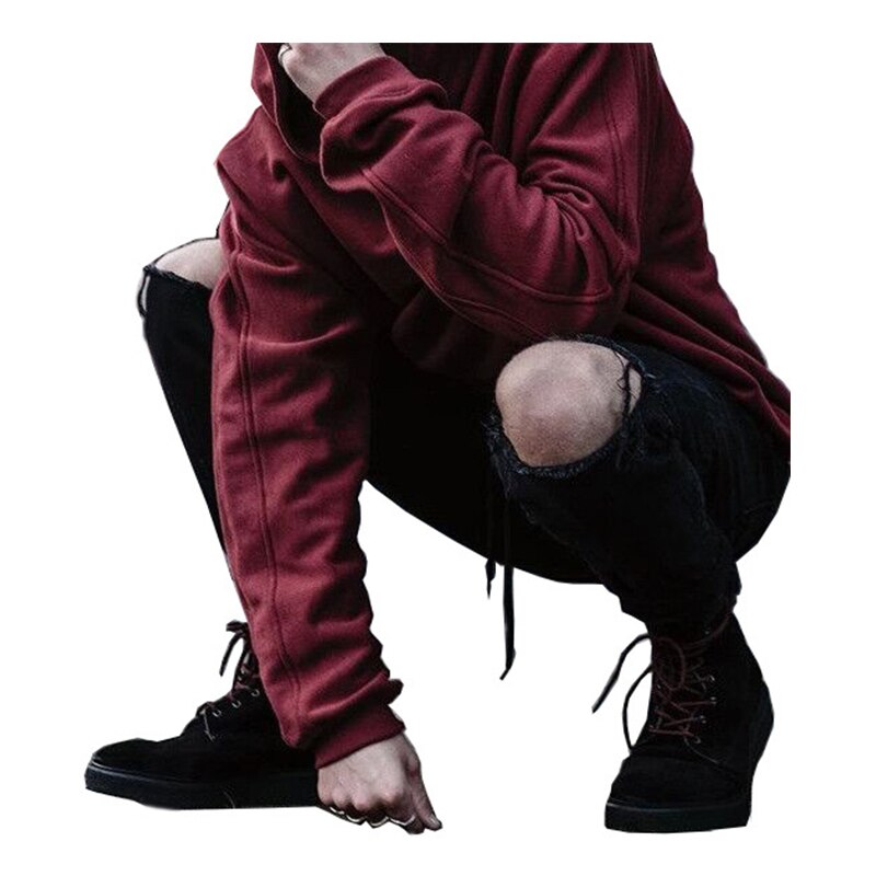 Spring Autumn Black Jeans Men Knee Ripped Hole Trendy Street Slim Stretch Skinny Male Denim Trousers Streetwear