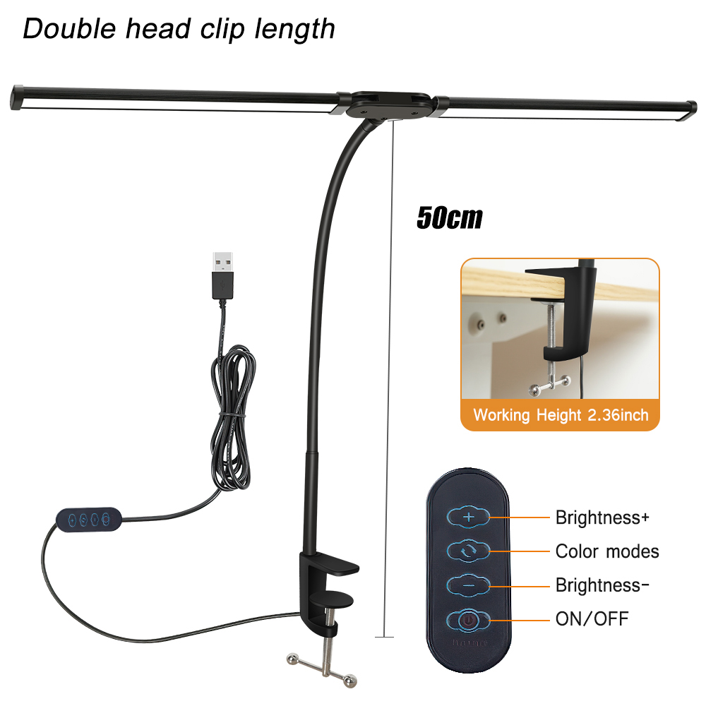 LED-schreibtischlampe fürs homeoffice mit zwei leuchtenköpfen, stufenloser dimmfunktion, augenschonendem leselicht, 3 farbmodi und flexibler verstellbarkeit.