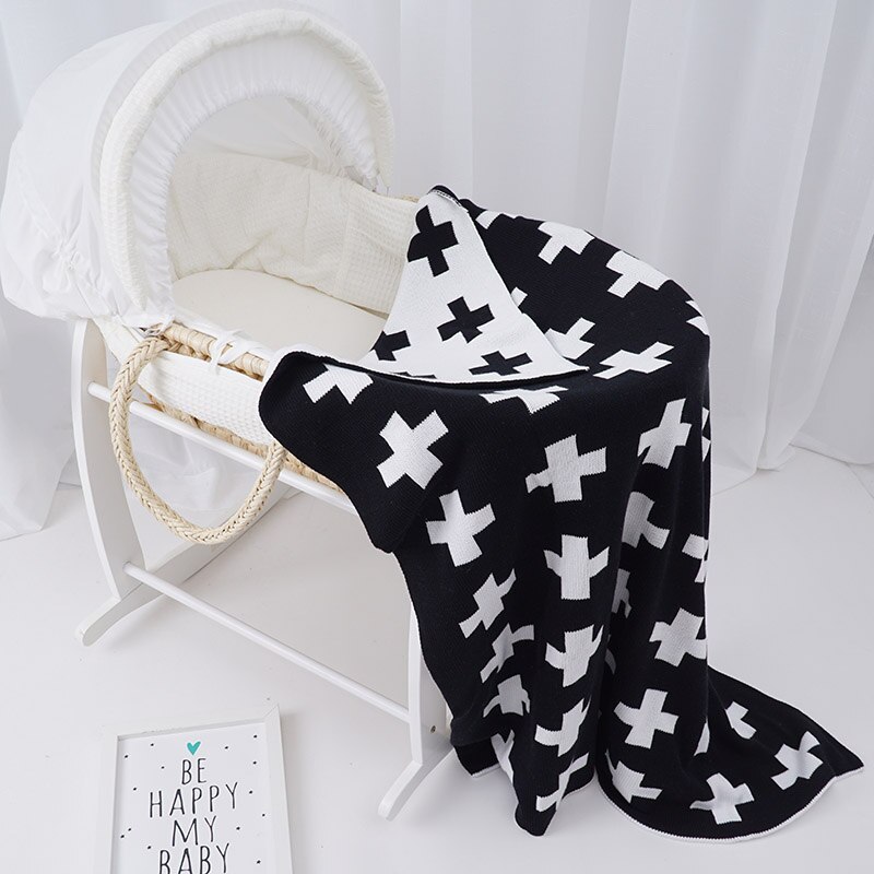 KlaringIns Katoen Gebreide Baby Blanke, herfst Winter Kinderwagen Deken Kinderen Patroon Cross/Clauds/Hart Beschikbaar 10 +: white black cross