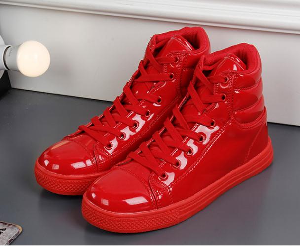 women and Men&#39;s High Top Patent Leather PU Casual Flats Shoes Man Outdoor Footwear Leather Ankle Boots Mens Martin Boots: Red / 9