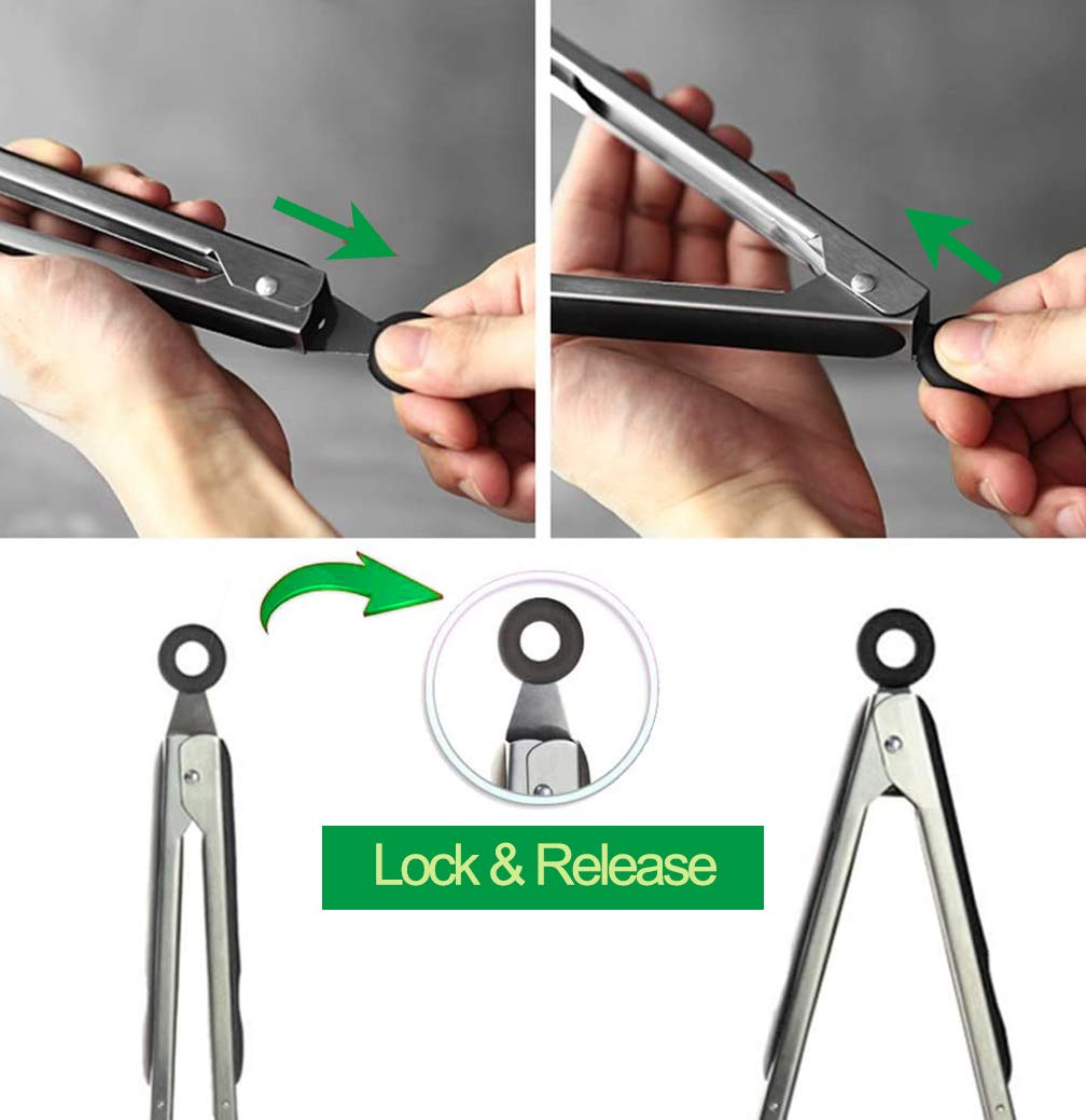 9/12 Inch Cooking Tongs Steak Clip Stainless Steel Handle Kitchen Silicone Bread Serving Tongs Heat Resistant BBQ Grill Tongs
