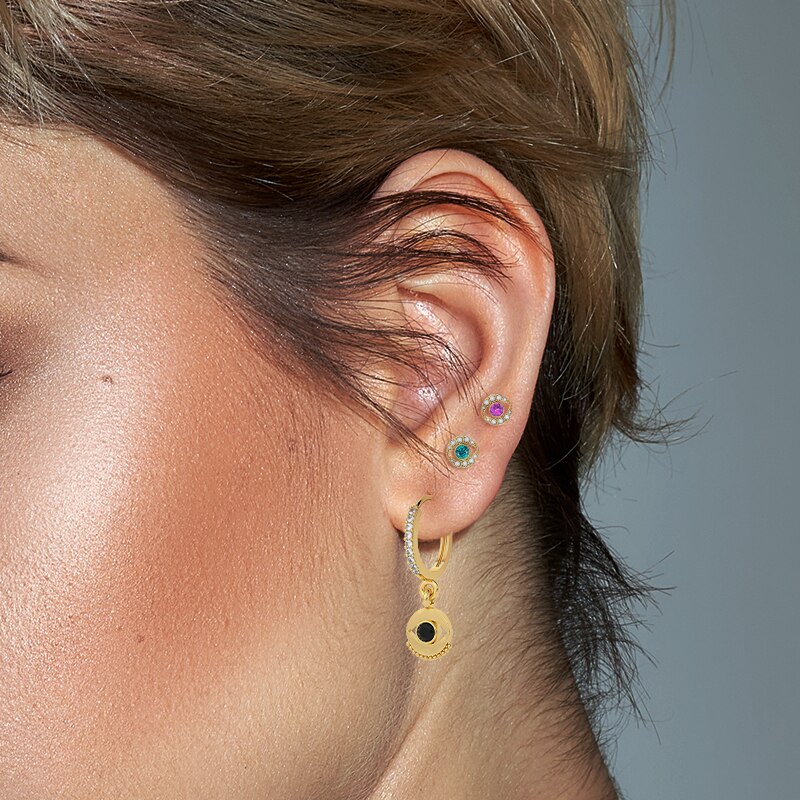 BOAKO 925 Sterling Silver Black Blue Zircon Eye Pendant Hoop Earrings For Women Luxury Bohemian Pave Crystal Circle Earring