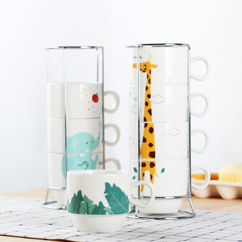Ceramic Coffee Mug Stacking Cup Teacup Home Set Ceramic Cup Fun (4 Cups + 1 Cup Holder)