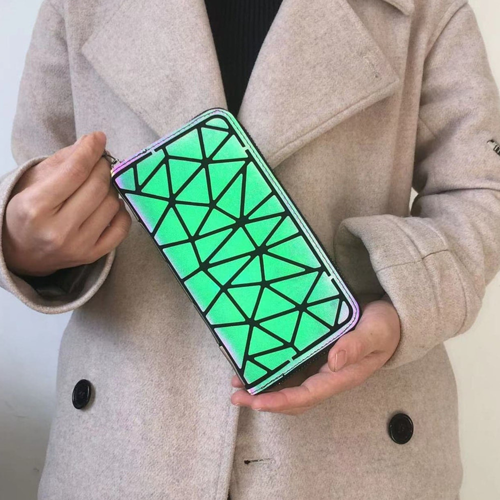 Luminous long zipper wallet for women.Geometric rhombus cell phone wallet/multi-card credit card holder and coin purse