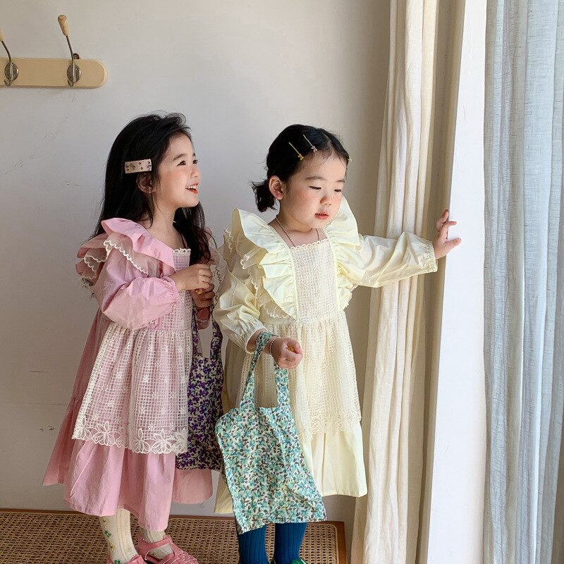 1195D 2022 Spring Korean Girls Dresses Long Sleeve Lace Vest and Flare Sleeve Dresses Princess Birthday Party Girls Clothes