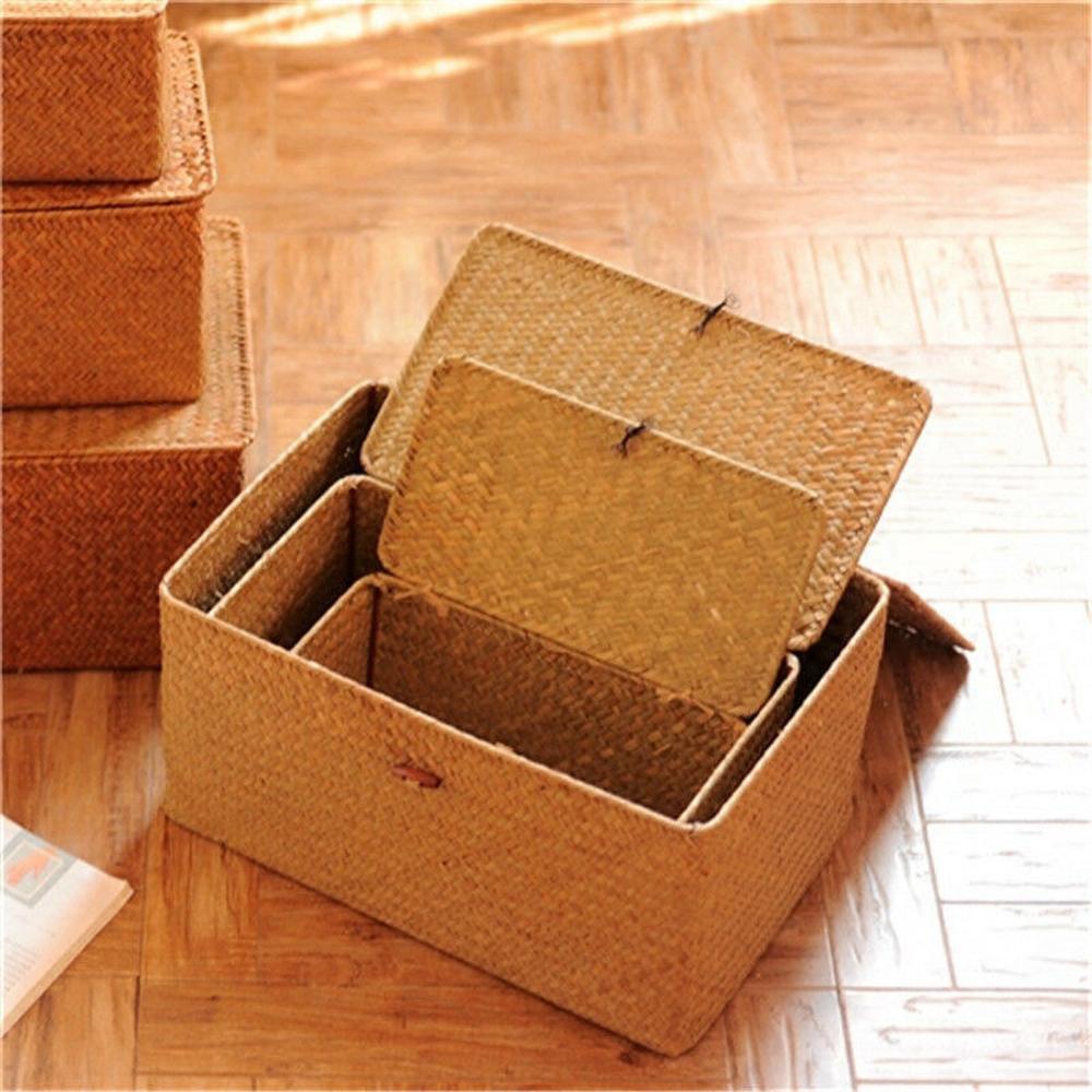 Storage Basket Rattan Storage Box With Lid Hand-woven Jewelry Box Wicker Makeup Organizer Food Container Storage Boxes