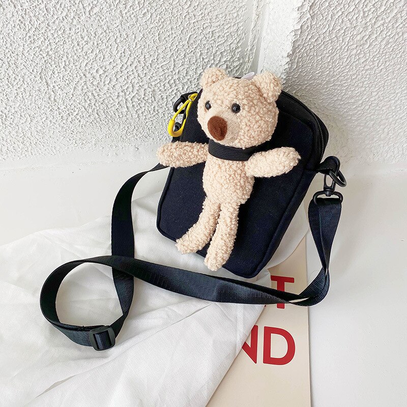 Hair bear canvas bag female trendy cute student chest bag ins shoulder bag messenger waist bag: black