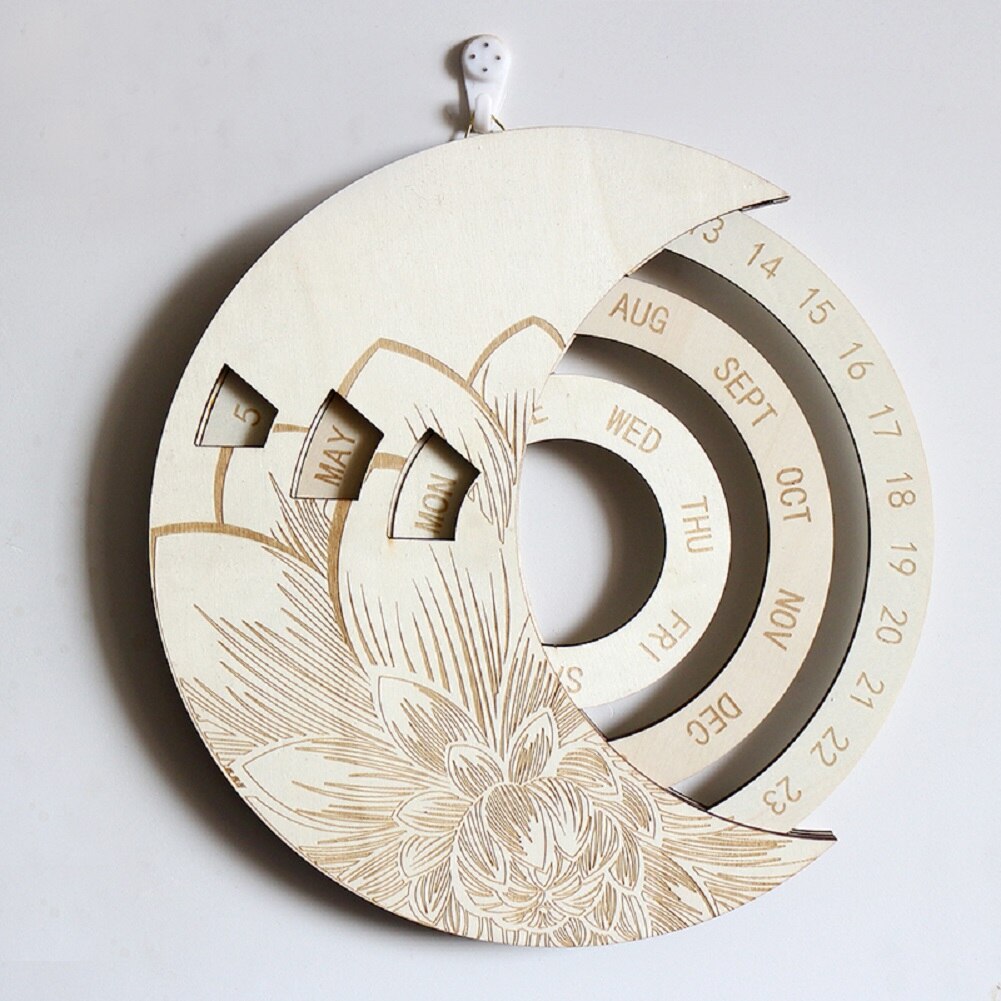 Wooden Calendar, Floral Print Rotatable Permanent Calendar Decorative Ornaments for Living Room Bedroom Arrivals