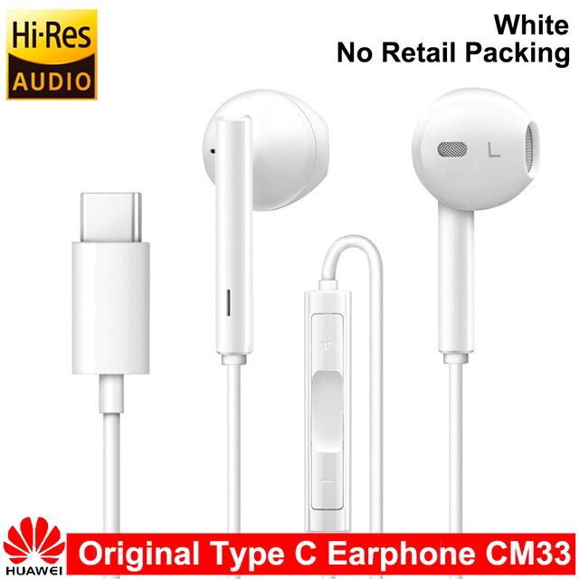 For HUAWEI CM33 Earphone USB Type-C In Ear Hearphone Headset Mic Volume HUAWEI Mate 10 Pro 20 X RS P20 30 Honor 7 8 V8: No Packing White