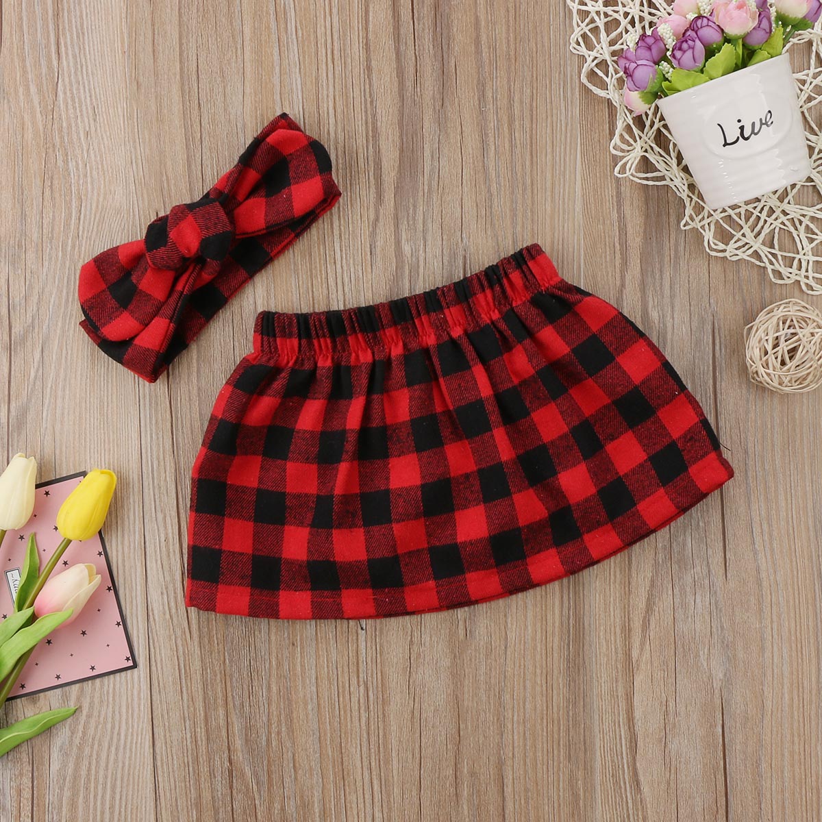 kid plaid skirts Christmas Newborn Kids Baby Girls Plaid Skirt +bowknot headband cute kid girl Outfits Clothes