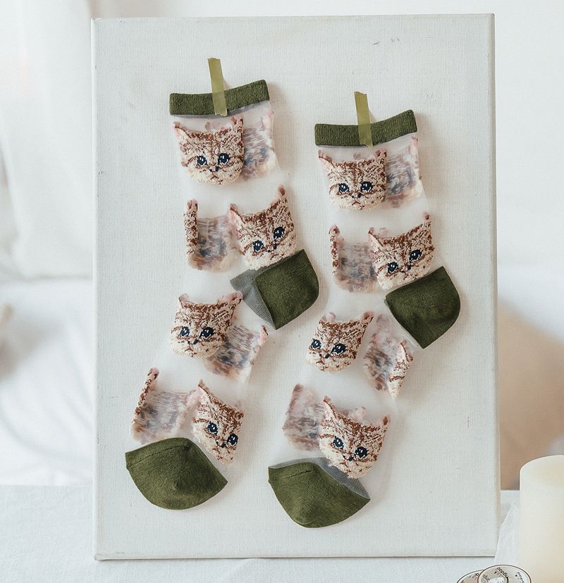 Sommer kvinders sokker kawaii sød sød sjov kat damer krystal glad japansk gennemsigtig tegneserie silke sox til pige: Grøn
