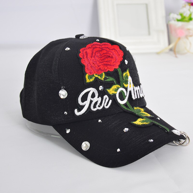 Flor Rosa bordado papá sombrero mujeres hombres lindo ajustable algodón Floral gorra de béisbol X85: black roses