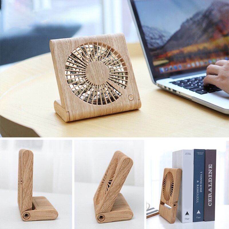 Small Fan Desktop Student Standing Air Cooler Wood Grain Mini Notebook Folding Fan USB Charging