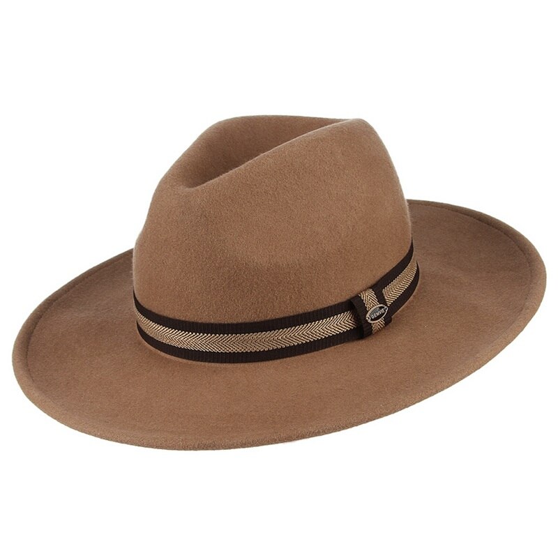 Gemvie wide brim 100%  uldfilt mænd fedora hat med band panama stil vinter hat jazz cap til kvinder gentleman: Kamel