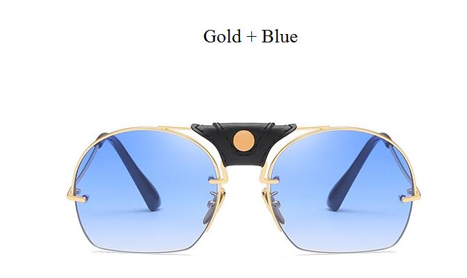 Gafas de sol de de Vintage de corte Semi-sin montura, hombres y mujeres de cuero para Gafas de sol, Gafas de sol con montura metálica, Gafas de sol masculinas Retro: Gold Blue