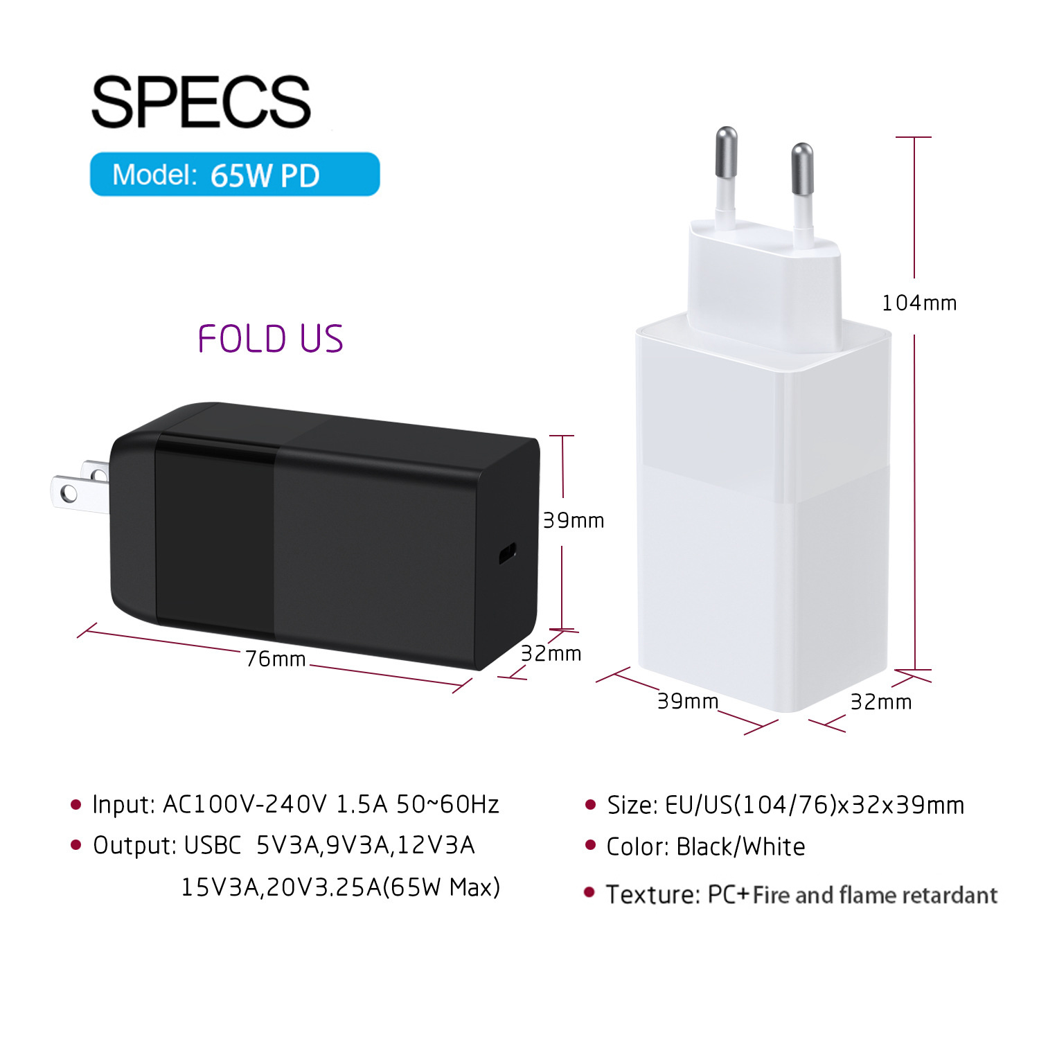 65w usb-c typ-c pd ladegerät, universelles usb-typ-c-netzteil für macbook, hp, dell, lenovo notebook, tablet und smartphone