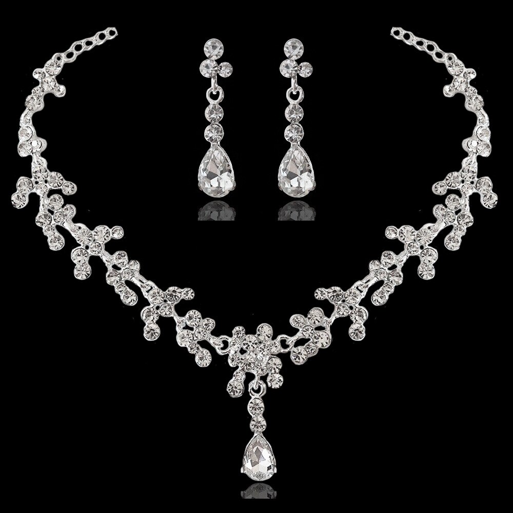 Prachtige Kristal Bruids Sieraden Sets Mode Strass Tiara Kroon Ketting Oorbellen Voor Bruid Bruiloft Sieraden Prinses Diadeem: silver necklace set