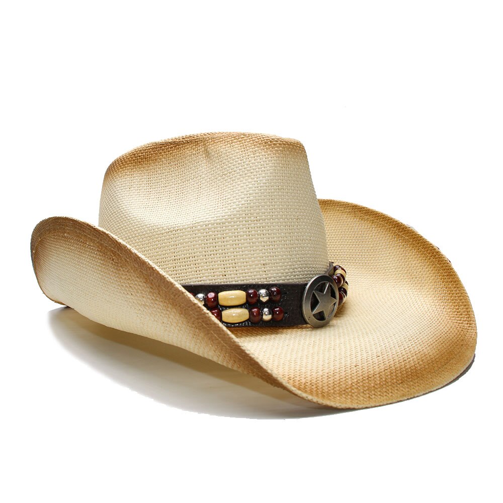 Luckylianji retro dam herr sommar halm strand bred brätte cowboy western cowgirl hatt stjärntecken med pärla läder band (58cm)