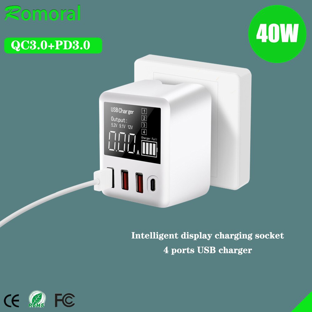 Qc3.0 usb-laders, 30/40w snellaadbare reisadapters voor mobiele telefoons met led-display voor iphone, xiaomi, huawei en samsung