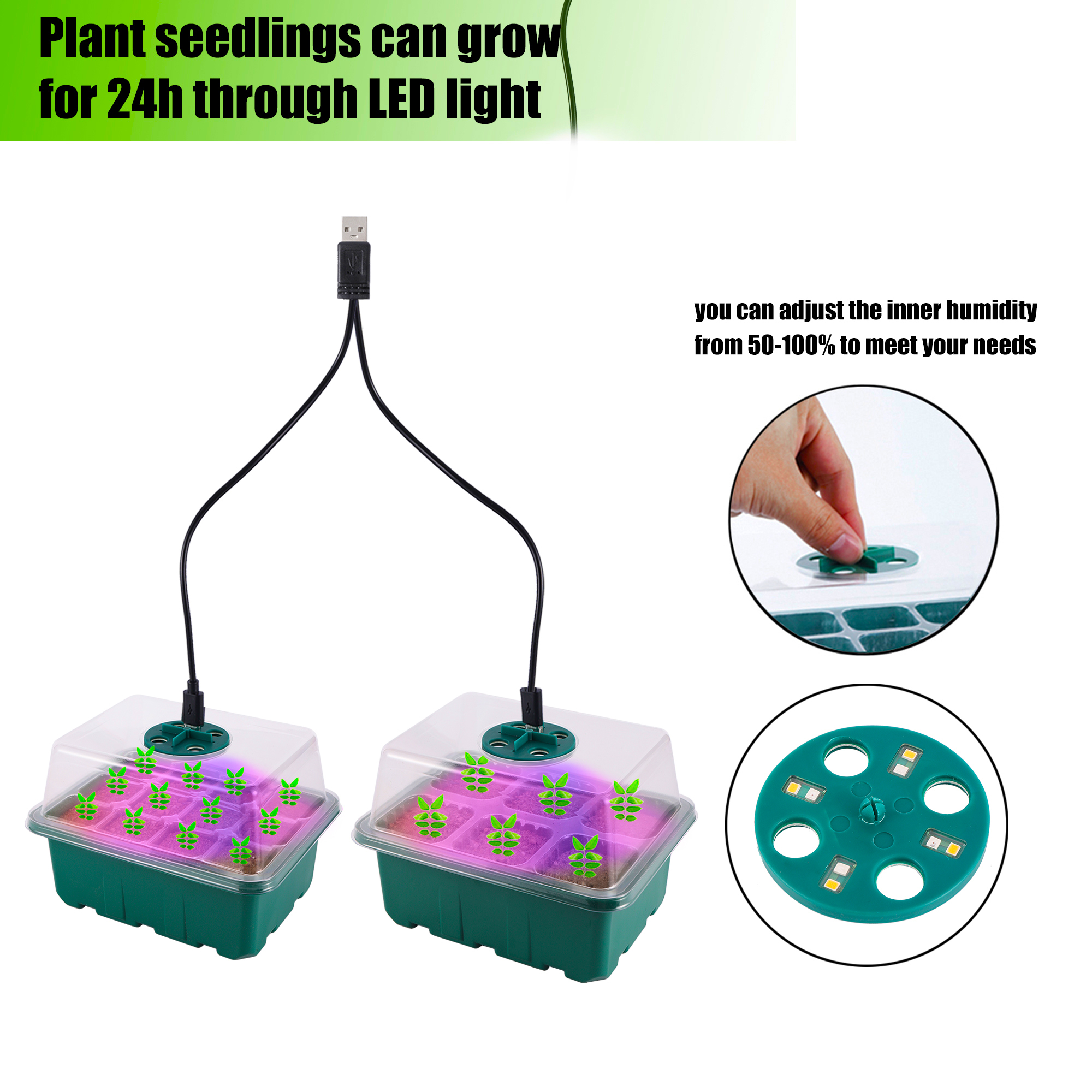 Caja de vivero de plántulas con luz LED de cultivo, bandeja de inicio de semillas, maceta de cría de plántulas, macetero de germinación de invernadero de jardín