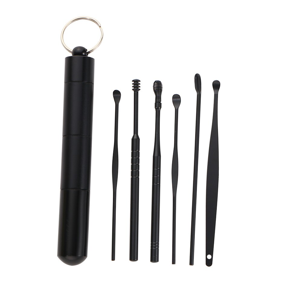 6 Stks/set Draagbare Roestvrij Stalen Spiraal Oor Pick Lepel Oorsmeer Removal Cleaning Earpick Oor Schoner Oor Care Tools: black