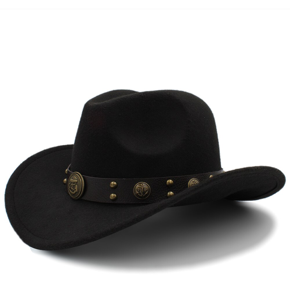 Sombrero de lana para Hombre, Sombrero de Cowboy del Oeste, ala enrollada, caballero, papá, Jazz, ecuestre, Sombrero, Fedora, talla 56-58CM: Black