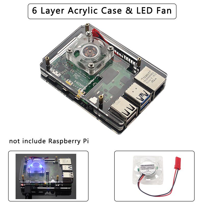6 schicht Raspberry Pi 4 Acryl Fall Transparent Shell Unterstützung Blaue LED Lüfter für Raspberry Pi 4 Modell B