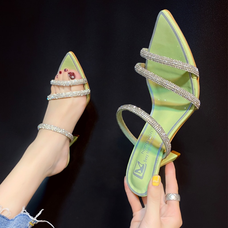 Spiss tynn hæl slip-på sko til kvinner tøfler høy hæl pumper sommer Strand damer lysbilder snu flopper kvinnelige kjole sko