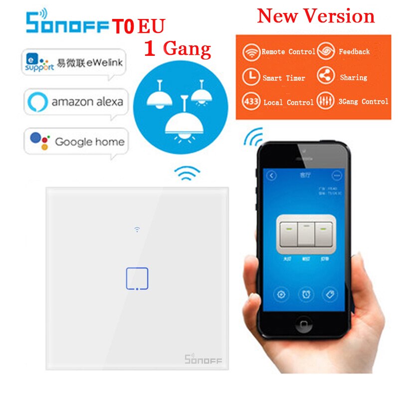 Sonoff tx  t0 t2 t3 eu smart switch wifi touch væglampe smart home fjernbetjening trådløs timerkontakt via ewelink app: Sonoff  t0 eu 1 bande