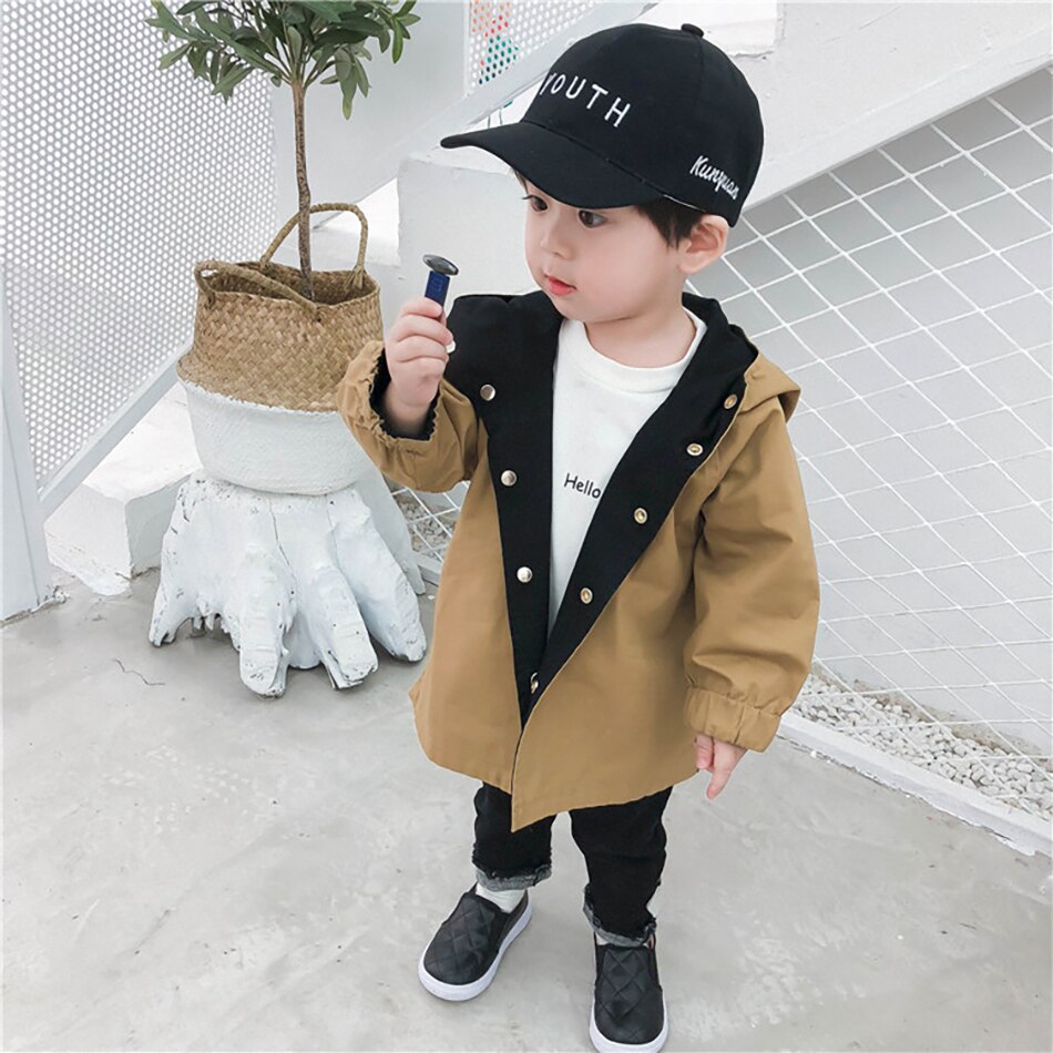 Kleiner Junge Doppel-konfrontiert Windjacke freundlicher Herbst khaki Und Schwarz Lange Jacke Jungen Baumwolle Kleidung Art Graben Jungen Oberbekleidung