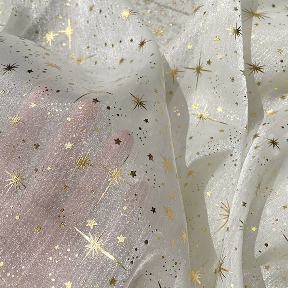 Tela de Organza con purpurina brillante, bronce, estrella, Luna, crepé dorado, tul, manualidades de costura, vestido, camisa de manga grande, materiales exteriores: Beige
