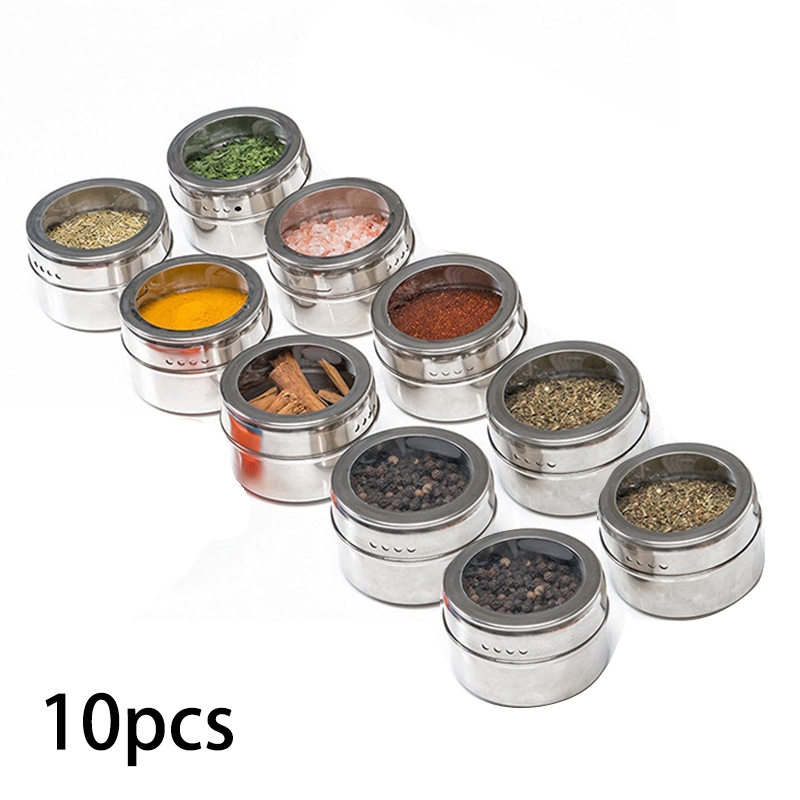 10 st/set genomskinligt lock magnetiskt rostfritt stål kryddburk sås peppar krydda förvaringsbehållare kök husgeråd: Default Title