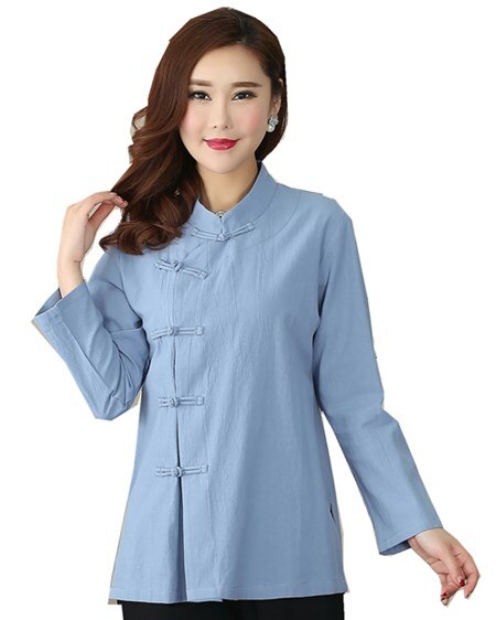 Shanghai Story Long Sleeve chinese Traditional Clothing Women's cheongsam Top Blend Linen Blouse Chinese Qipao Shirt 3 color: Blue / XXXL