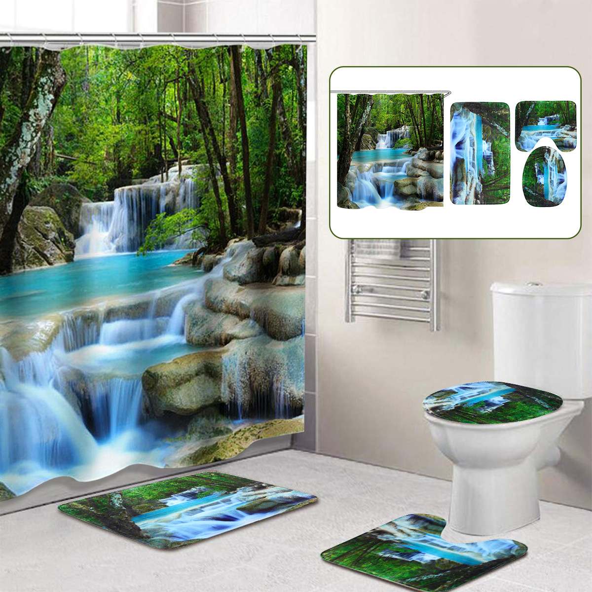 3D Waterval Landschap Waterdicht Douchegordijn Badkamer Landschap Bomen Bloem Badmat Set Voetstuk Tapijt Deksel Wc Cover: C set
