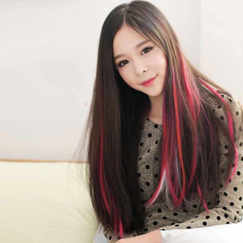 Colorful Clip On Hair Straight Extensions Personality Punk Red Long Hair Accessories SMR88