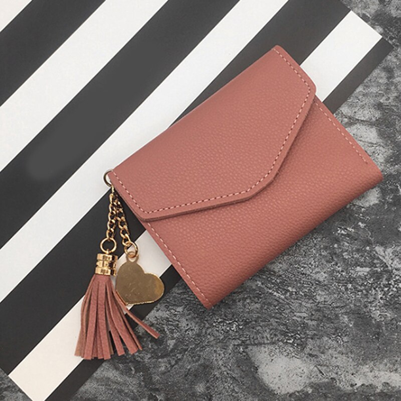 Short Wallet Tassel PU Leather Wallets Female Heart Pendant Hasp Coin Purse Mini Bag