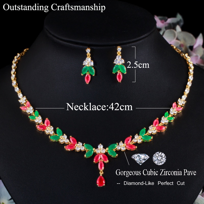 CWWZircons – ensemble de bijoux de mariage en pierre de zircone cubique, collier et boucles d&#39;oreilles, , africain, vert, rouge, T467