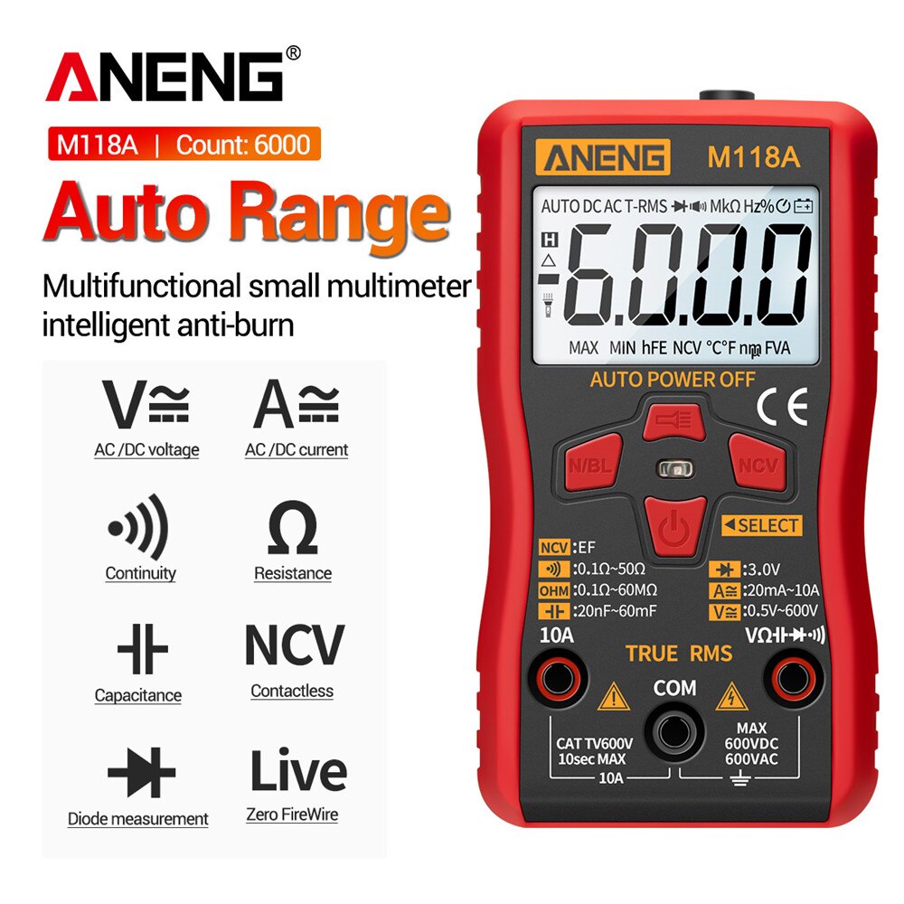 Aneng High-Precision Automatic Range Multimeter, Multi-Function Small Electrician Instrument Digital Universal Meter M118A