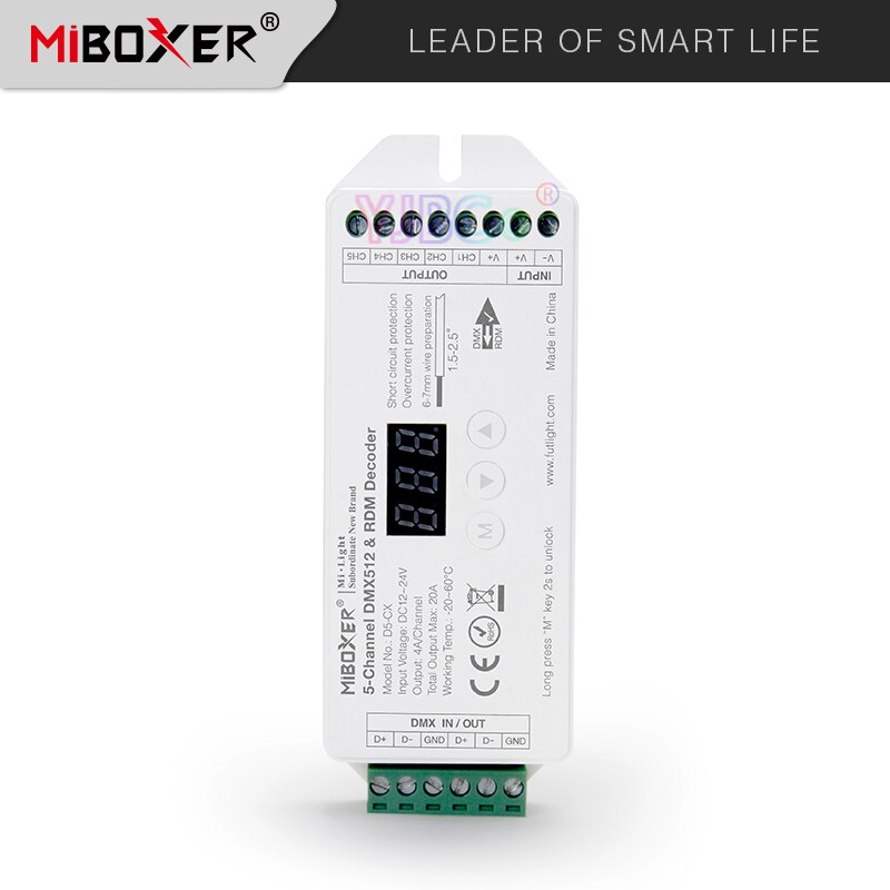 Miboxer D5-CX 5-Channel Constant Voltage DMX512 & RDM Decoder DC12~24V 5CH 4A/Channel Max. 20A Digital Display controller