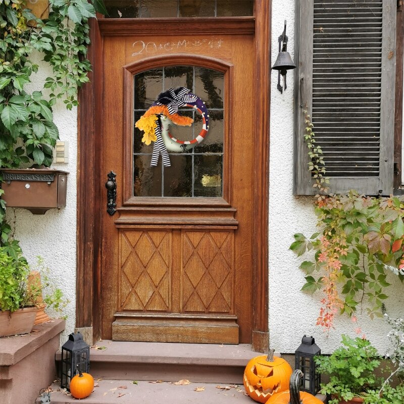 Q0KA Halloween Moon Wreath with Artificial Maple Leaf Striped Bow Throw Pillow Front Door Wall Garland Cushion Toy Home