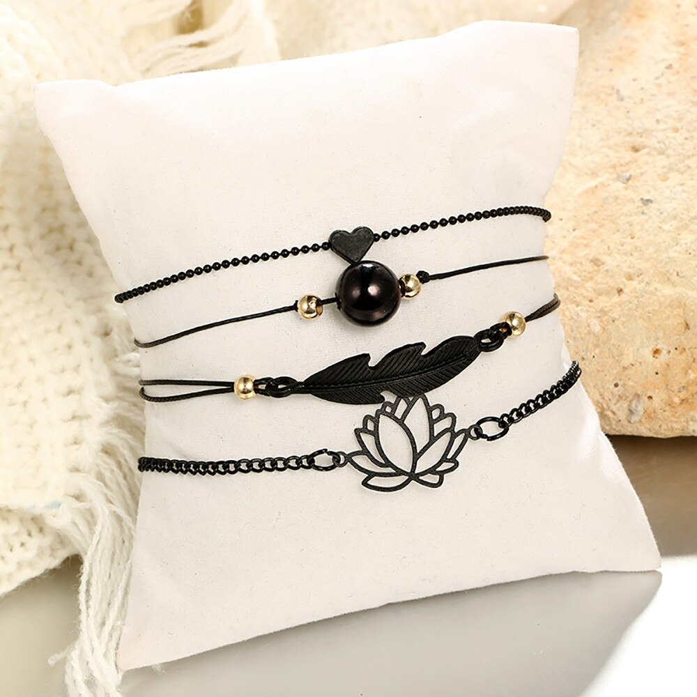 Böhmen Blatt Knoten Hand Manschette Kette Charme Armbinde Schwarz Liebe Herz Durchbrochene Lotus Ball Blätter Armbinde 4 teile/satz FB