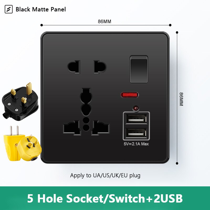 Atlectric Usb Wall Socket EU Standard Electrical Socketes Black Large Plastic Panel Multi-function Socket With Switch AC110-250V: 5HD2U1GL