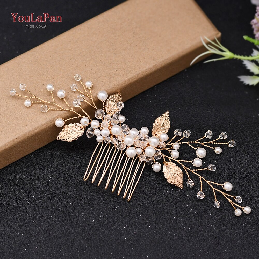 Topqueen  hp180 bryllup hårnåler krystall bryllup kam gyldne gjennombrudd blader brude bryllup tilbehør perle brude hårspenner: Default Title