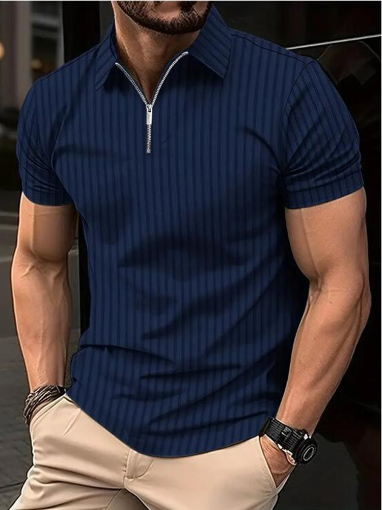 Camiseta Polo informal de negocios ligera de manga corta a la a rayas de verano para hombre, camiseta de manga corta de oficina elástica sólida con media cremallera