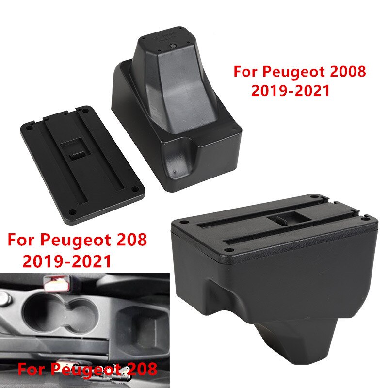 For Peugeot Armrest For Peugeot 208 Car Armrest box Retrofit parts Interior Storage box accessories USB LED: Black base only
