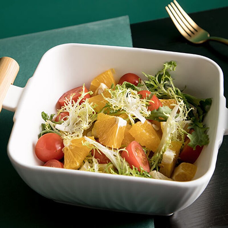 Keramische Vierkante Grote Soepkom Dubbele Oor Handvat Fruit Salade Creatieve Met Deksel Grote Capaciteit Servies Keuken Storage Tool