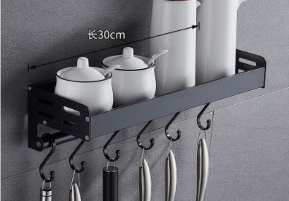 Black Wall Mounted Kitchen Racks with Hooks Space Aluminum Storage Shelf Kitchen Appliances Spice Rack Kitchen Rack Organizer: 30cm with hooks
